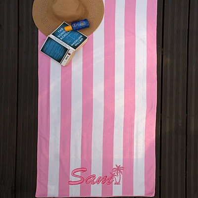 Personalised Pink Stripe Beach Towel – Embroidered Quick Dry Holiday Towel - personalised beach towel pink