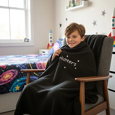 Personalised Wrap Blanket Embroidered Stars Name Fleece Throw - black personalised wrap blanket stars
