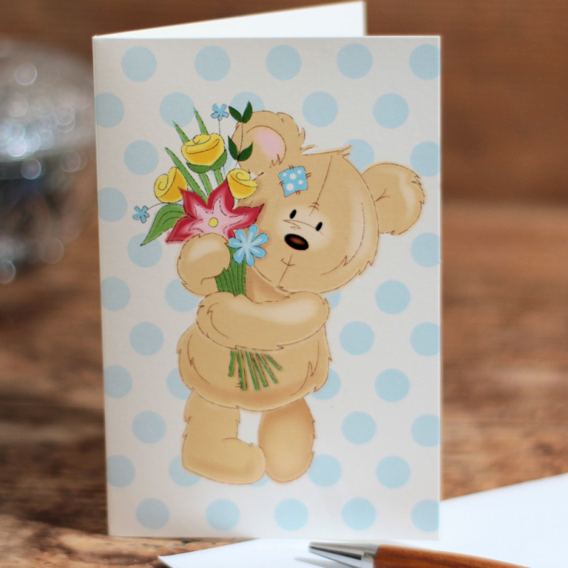 Teddy Bear Note Card Bear with Flowers Card Blank Inner