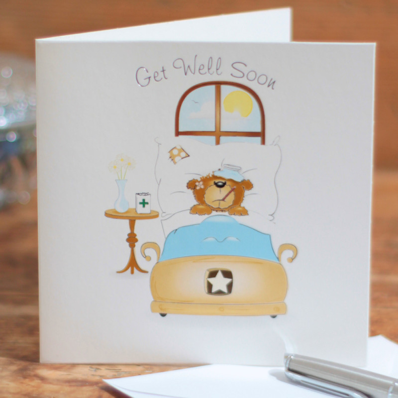 Get Well Soon Card Sick Teddy Bear in Bed Card