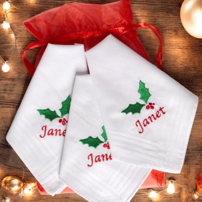 Personalised Christmas Hankies Holly Handkerchiefs Gift Set of 3