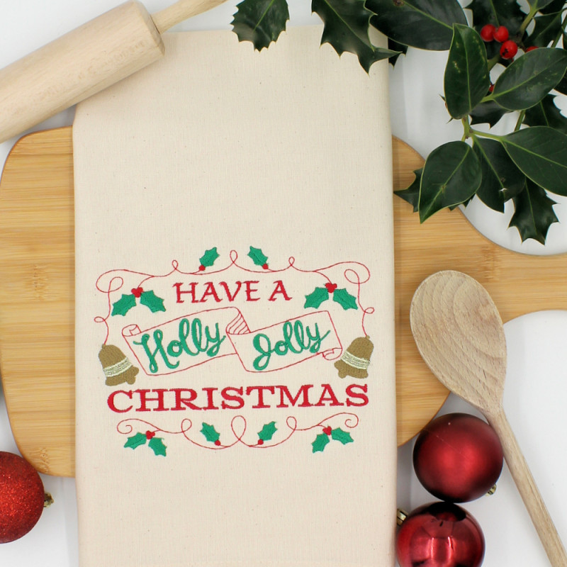 Christmas Tea Towels Holly Jolly Embroidery Tea Towel