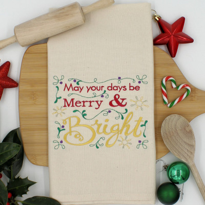Christmas Tea Towel Merry and Bright Embroidered Gift