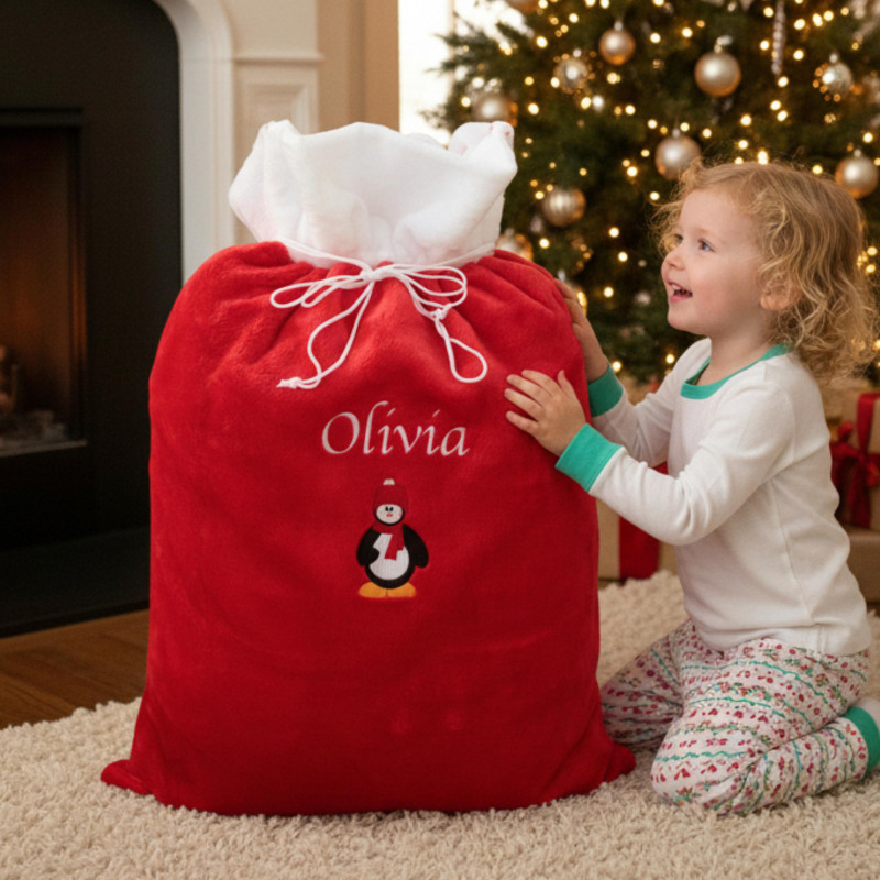 Personalised Christmas Sack Plush Fur Embroidered Penguin Sack