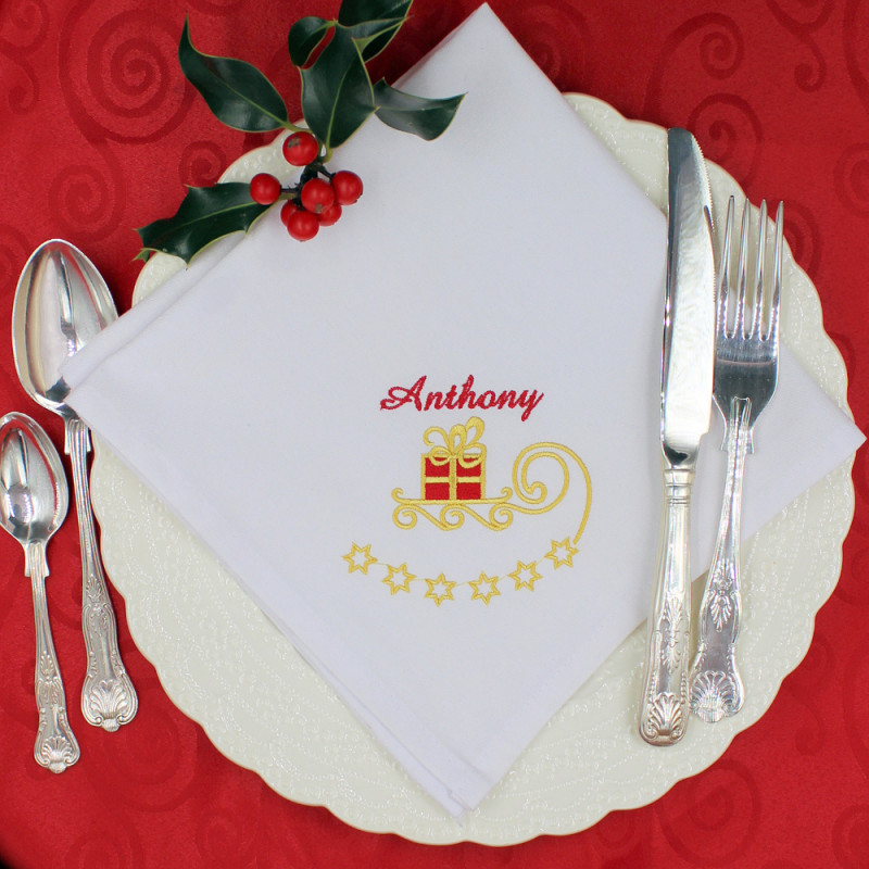 Christmas Napkin Personalised Santa's Sleigh Embroidered Napkin