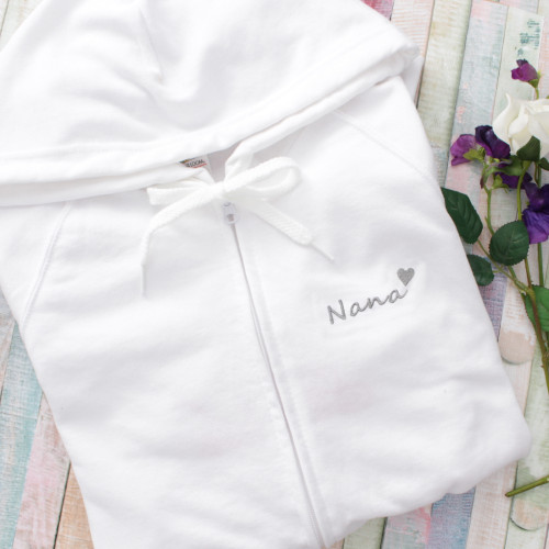 Nana Embroidered Hoodie Womens White Zip Hoody