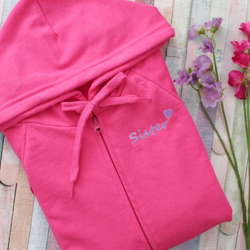 Sister Embroidered Hoodie Hot Pink Womens Loungewear