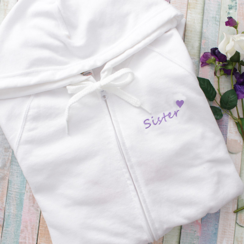 Embroidered Womens Hoodies Sister Heart White Hoody