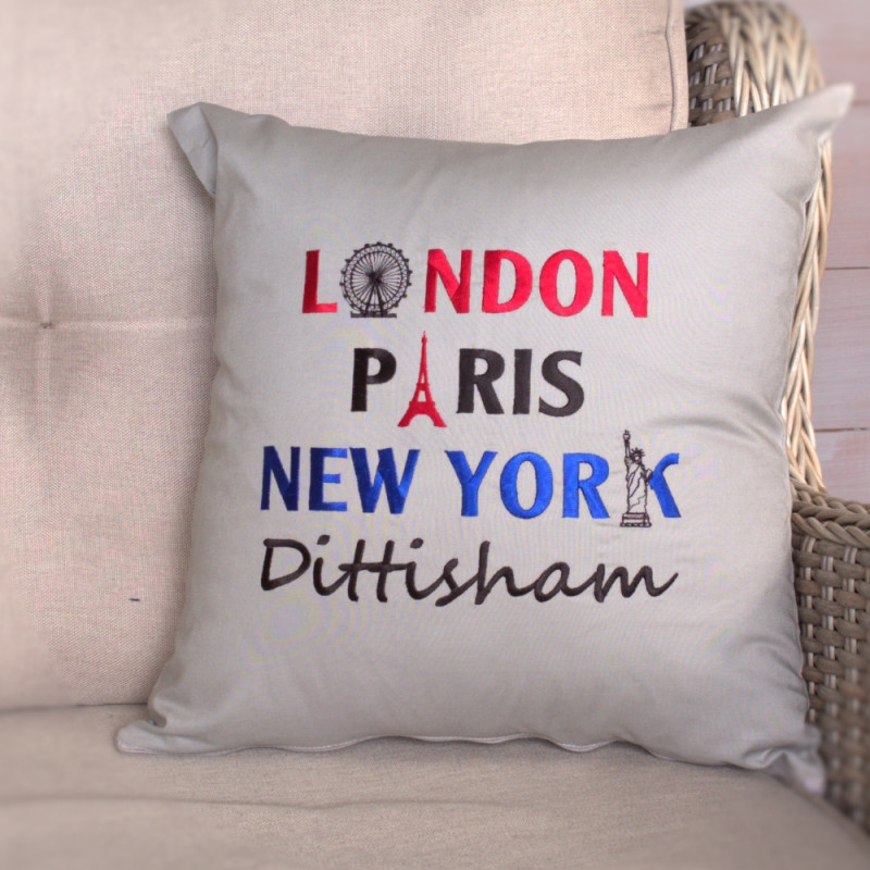 Personalised Cushion London Paris NY Embroidered Cushion
