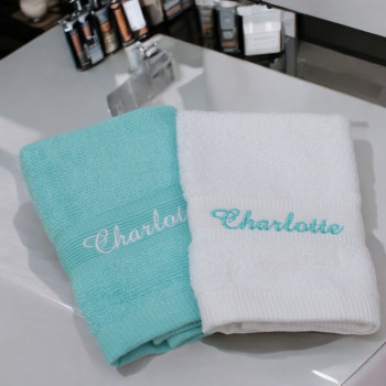 Personalised Face Flannels White and Aqua Embroidered Face Cloths Pair