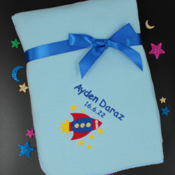 Embroidered Baby or Kids Blankets Space Rocket Light Blue Fleece