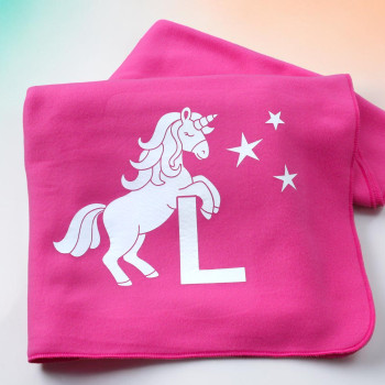 Personalised Unicorn Blanket Dark Pink Fleece Blanket with Initial