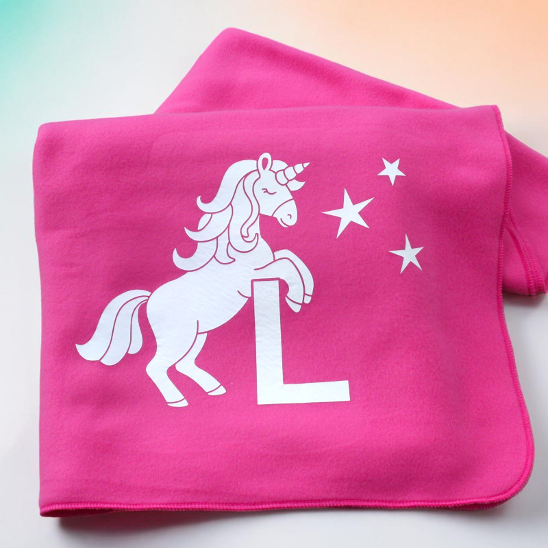 Personalised Unicorn Blanket Dark Pink Fleece Blanket with Initial