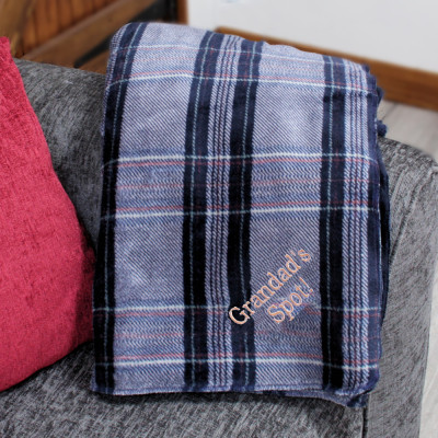 Personalised Sherpa Fleece Throw Embroidered Navy Tartan Blanket