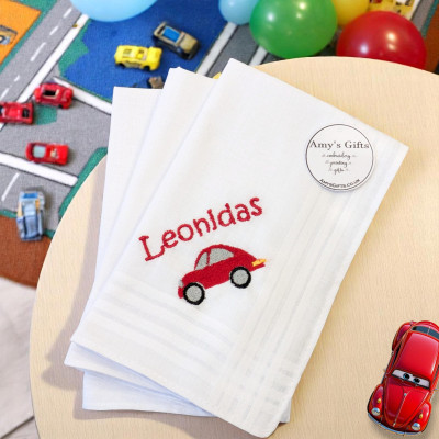 Childs Personalised Handkerchiefs Car Embroidered Hankies Set of 3