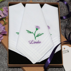 Ladies Embroidered Handkerchiefs Thistle Flower Gift of 3 Hankies