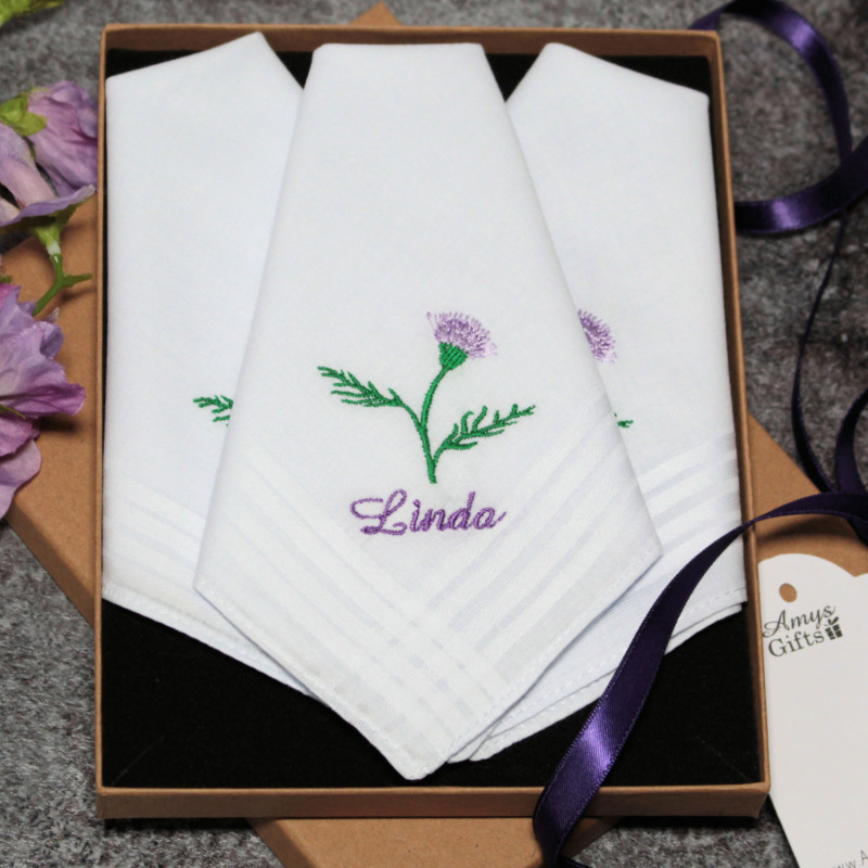 Ladies Embroidered Handkerchiefs Thistle Flower Gift of 3 Hankies