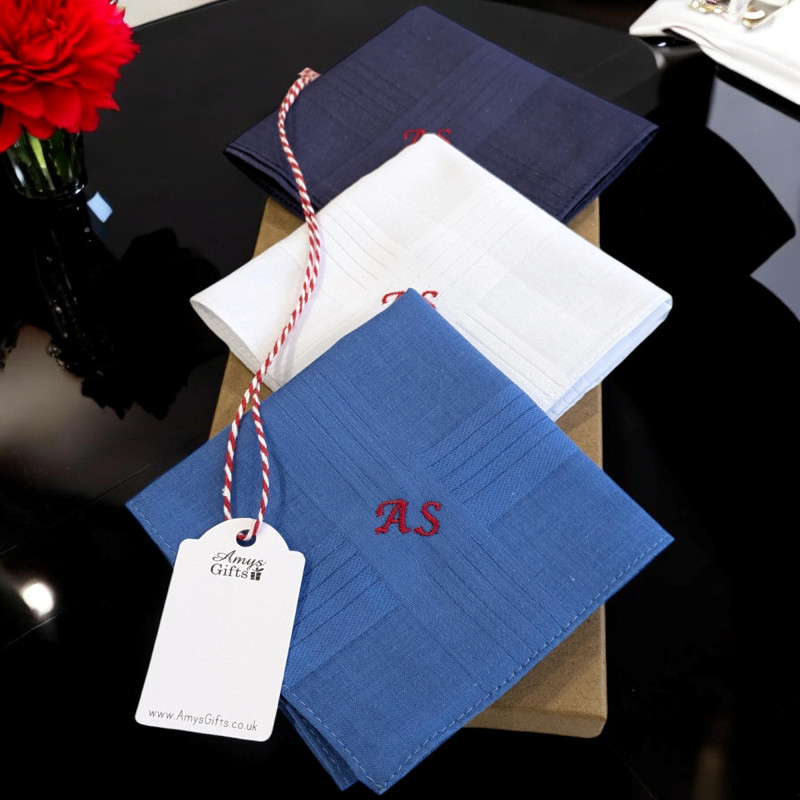 Mens Handkerchief Set Personalised Blue White Navy Hankies