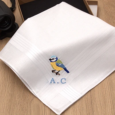 Blue Tit Bird Embroidered Handkerchief – Personalised Nature Gift - blue tit bird handkerchief gift