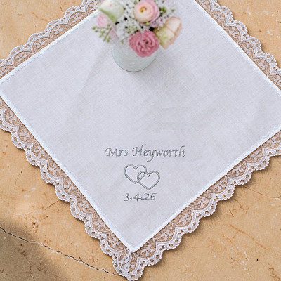 Womens Handkerchief Hearts Entwined Lace Trim Hanky