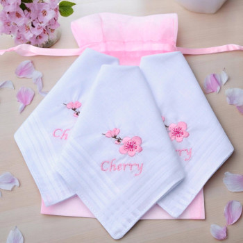 Cherry Blossom Handkerchiefs Three Embroidered Ladies Gift Hankies