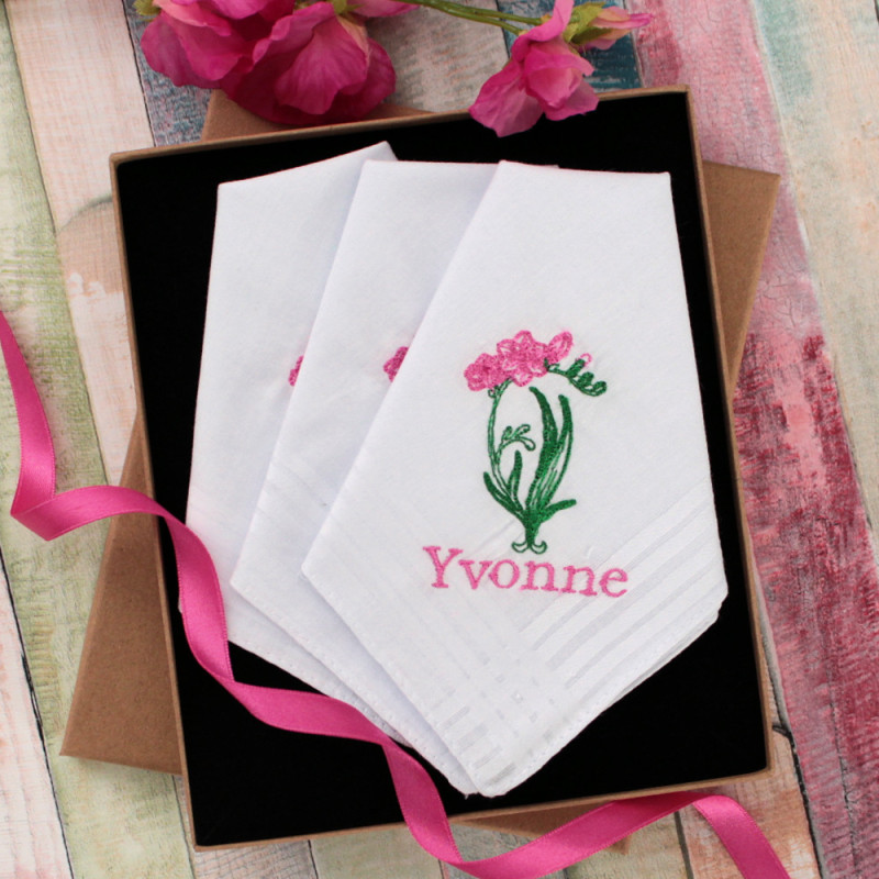 Freesia Flowers Handkerchiefs Personalised Embroidered Hankies Set