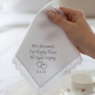 Personalised Women’s Lace Handkerchief – Embroidered Keepsake Wedding Message Hanky - happy tears wedding lace bridal gift