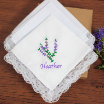 Heather Embroidered Handkerchiefs Personalised Set of 3 Lace Hankies