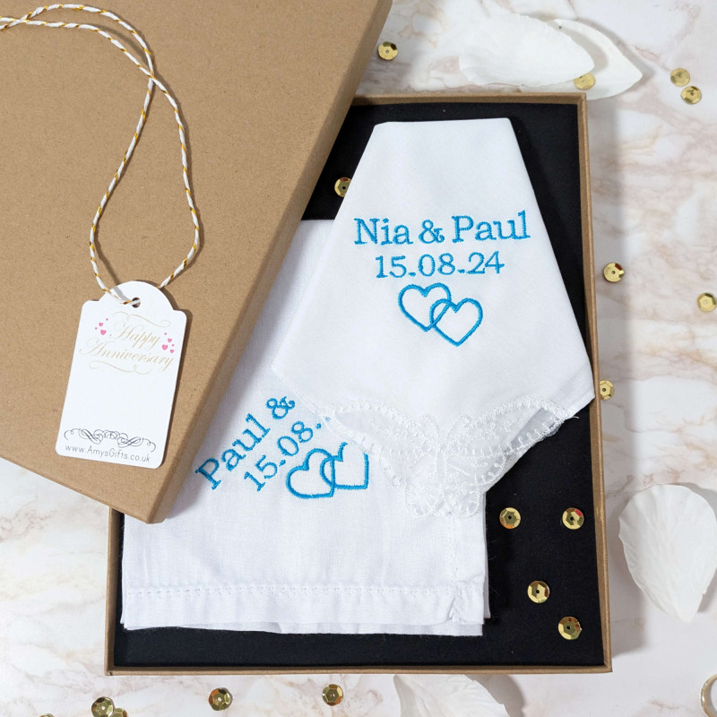 His and Hers Hearts Hankies Couples Wedding Handkerchiefs Boxed Gift