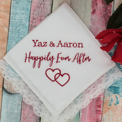 Womens Embroidered Lace Hankie Personalised Happily Ever After