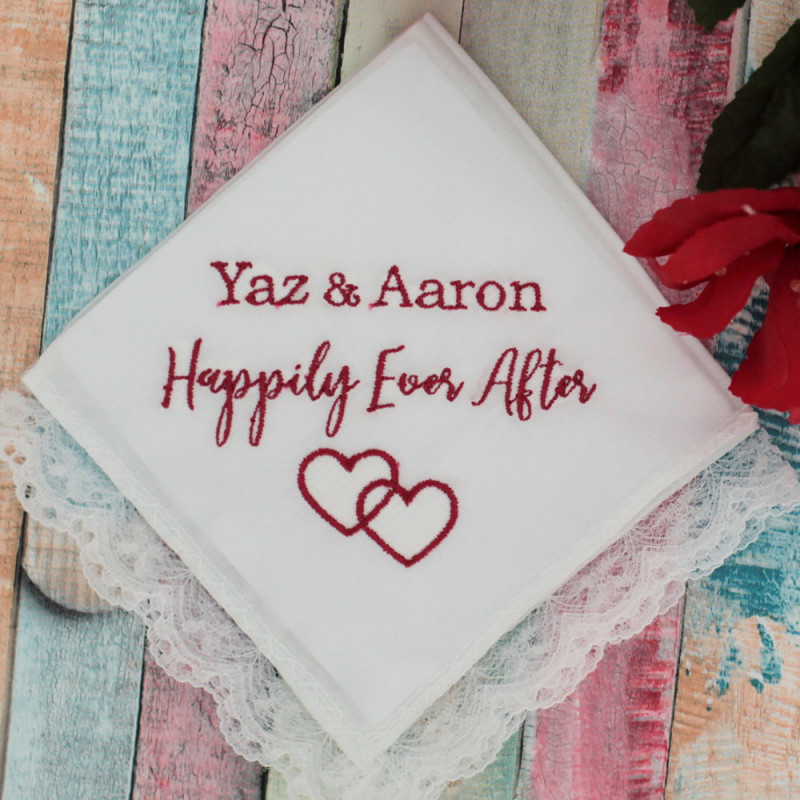 Womens Embroidered Lace Hankie Personalised Happily Ever After