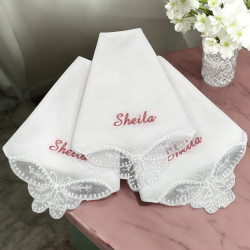 Personalised Ladies Handkerchiefs Set Three Butterfly Lace Corner Hankies