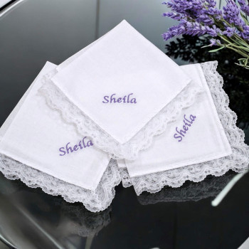 Personalised Ladies Handkerchiefs Pretty Lace Trim Set of 3 Hankies