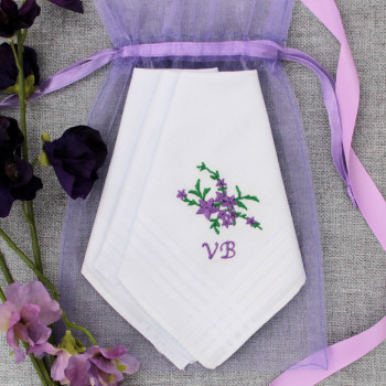 Personalised Ladies Handkerchiefs Purple Flower Spray Gift Set of 3 Hankies