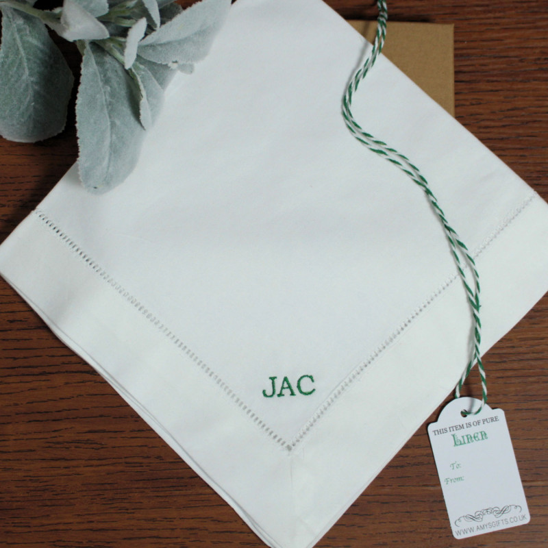 Mens Irish Linen Handkerchief Personalised Monogrammed Punch Hem Hanky