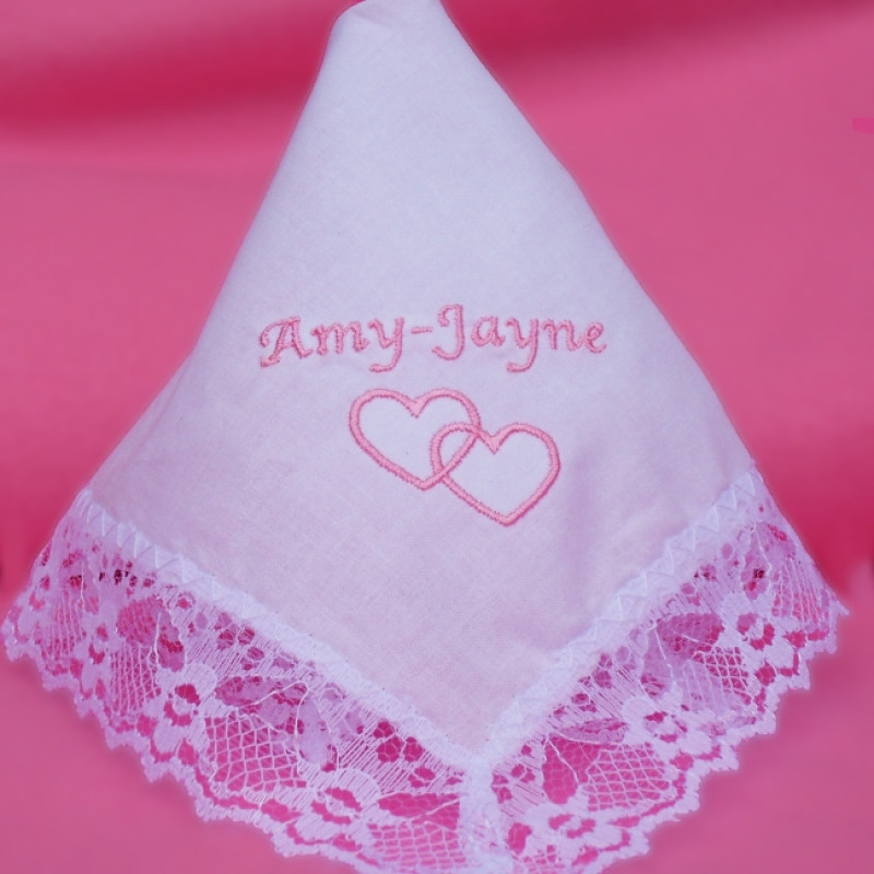 Ladies Handkerchief Hearts Entwined Lace Trim Hanky