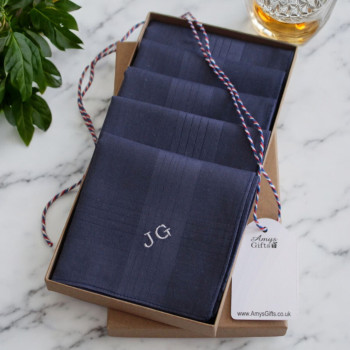 Mens Personalised Handkerchiefs 5 Gift Boxed Navy Blue Hankies Set