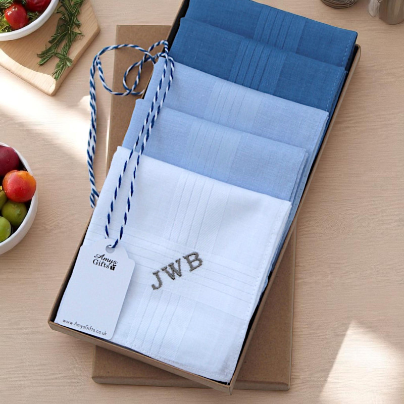 Mens Personalised Handkerchiefs 5 Gift Box Blue and White Hankies Set