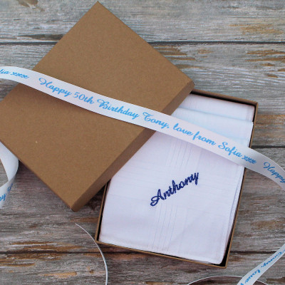 Embroidered Handkerchiefs Gift Box Hankies & Personalised Ribbon