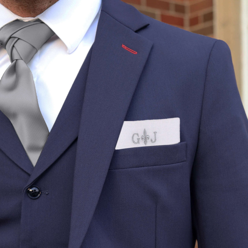 Mens White Cotton Pocket Square Custom Embroidered Initials & Emblem