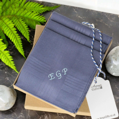 Mens Personalised Handkerchiefs Navy Blue Set of 3 Hankies