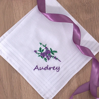 Personalised Handkerchief Purple Floral Embroidered Ladies Gift - personalised ladies floral handkerchief purple