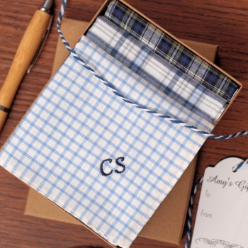 Mens Handkerchiefs Set Personalised Blue Chequered Hankies