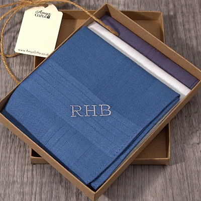 Personalised Mens Blue White Navy Handkerchiefs Gift Set – Embroidered Cotton Hankies - personalised mens handkerchiefs blue set