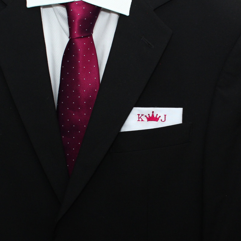 Mens White Cotton Pocket Square Custom Embroidered Initials & Emblem Motif