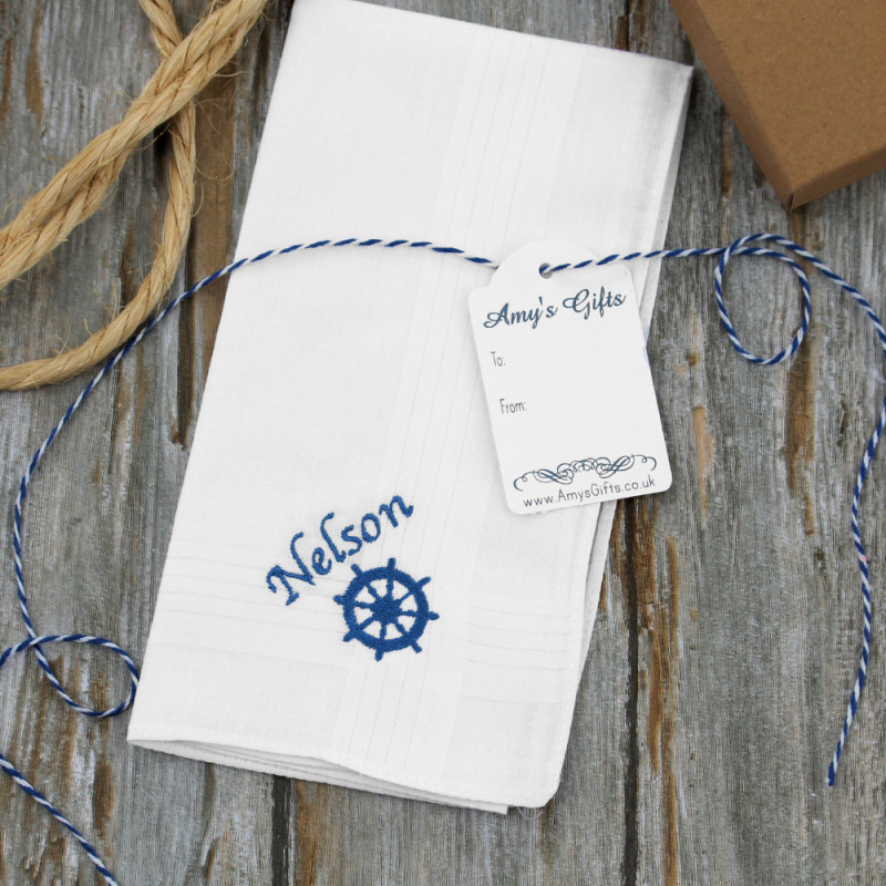 Mens Sailing Handkerchief Ships Wheel Personalised Hanky