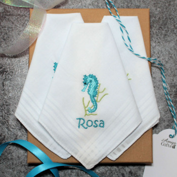 Seahorse Handkerchiefs Kids or Ladies Personalised Hankies Set