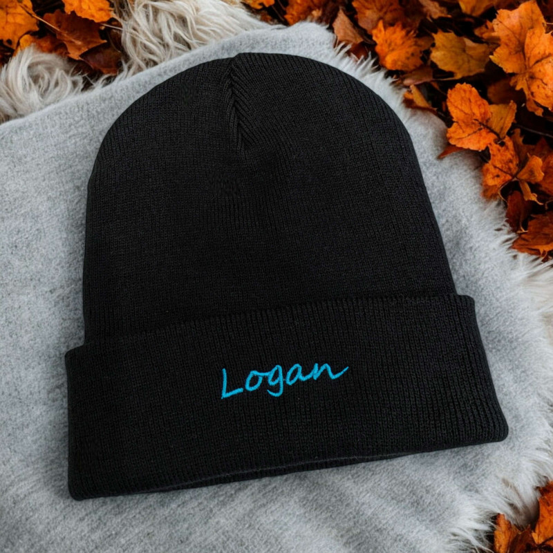 Kids Black Beanie Hat Personalised Childs Cuffed Hat
