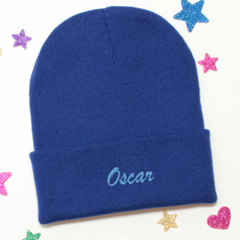 Royal Blue Named Beanie Hat Personalised Kids Cuff Beanies