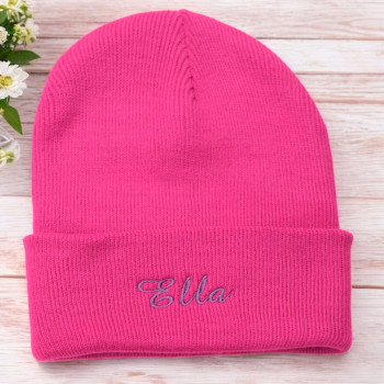 Girls Dark Pink Beanie Personalised Kids Cuff Beanie Hat